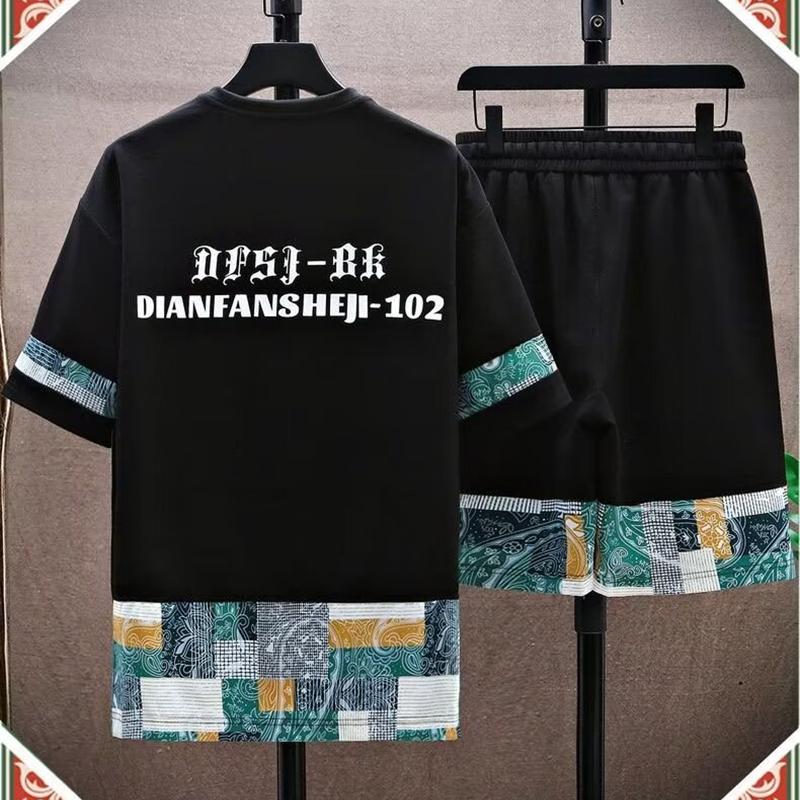

2025 Summer Men s Sets Korean Fashion Two Piece Set Tracksuit Men Trend Men Clothing Joggers Set T Shirt+Shorts Outfit Set Men XS