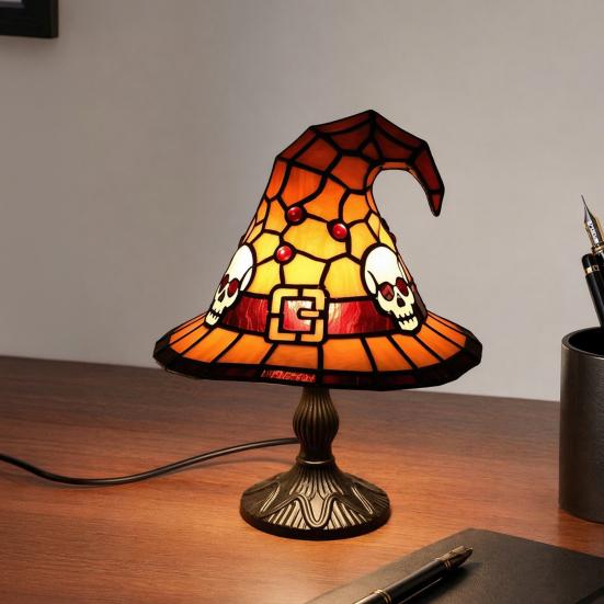 Lampa v podobě čarodějnického klobouku z vitráže, Ručně vyráběná retro pryskyřičná čarodějnická lampa, Gotická noční lampa v podobě čarodějnických klobouků napájená přes USB, Halloweenská dekorace do domácnosti
