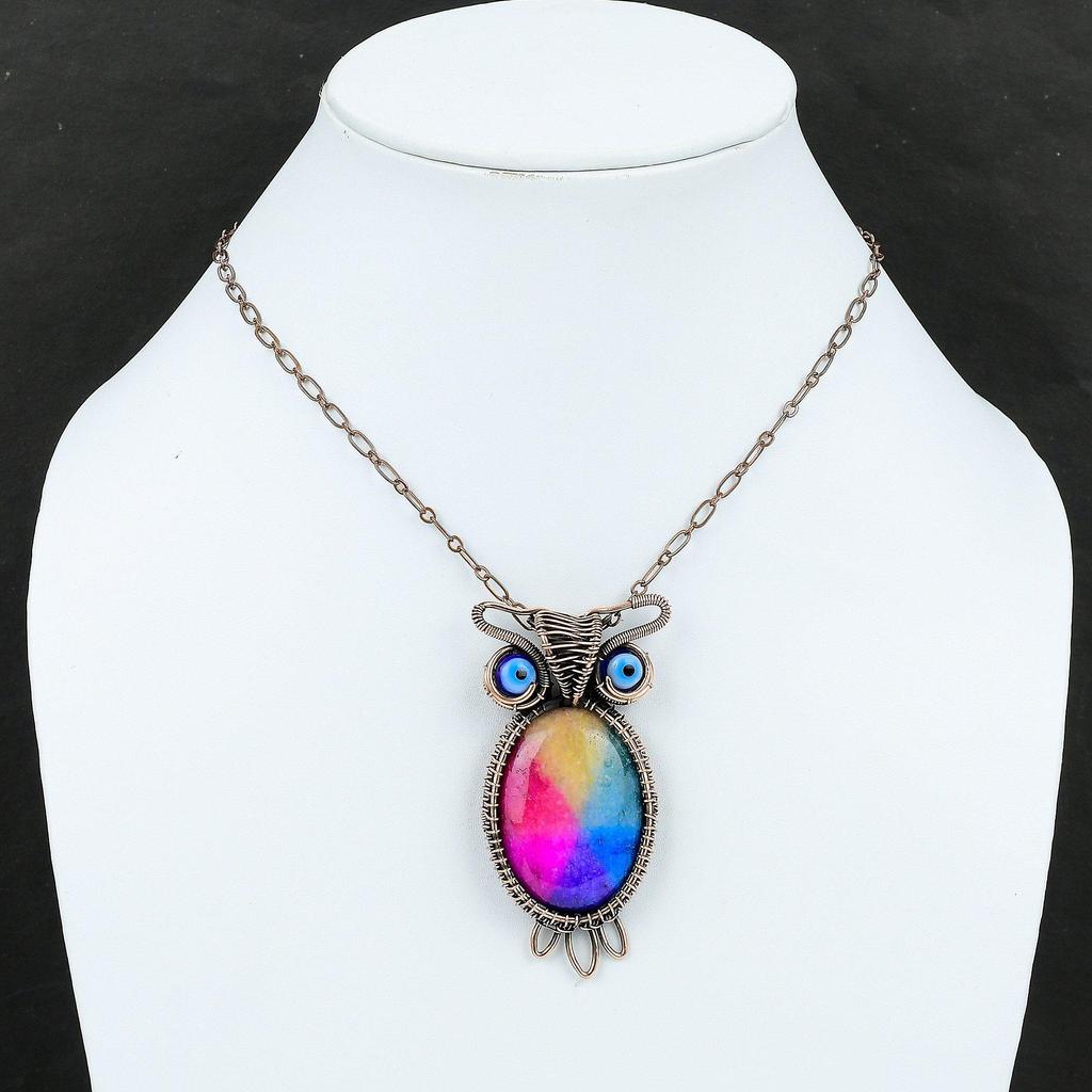 Rainbow Solar Quartz Druzy Pendant Copper Wire Wrapped Stone Pendant Owl Pendant Blue Color Evil Eye Pendant Copper Jewelry Handmade Pendant