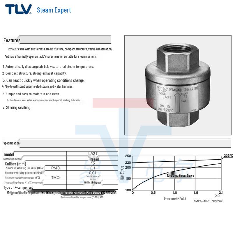 TLV LA21 Stainless Steel Threaded Exhaust Valve with Thermostatic Air Vent for Steam DN15