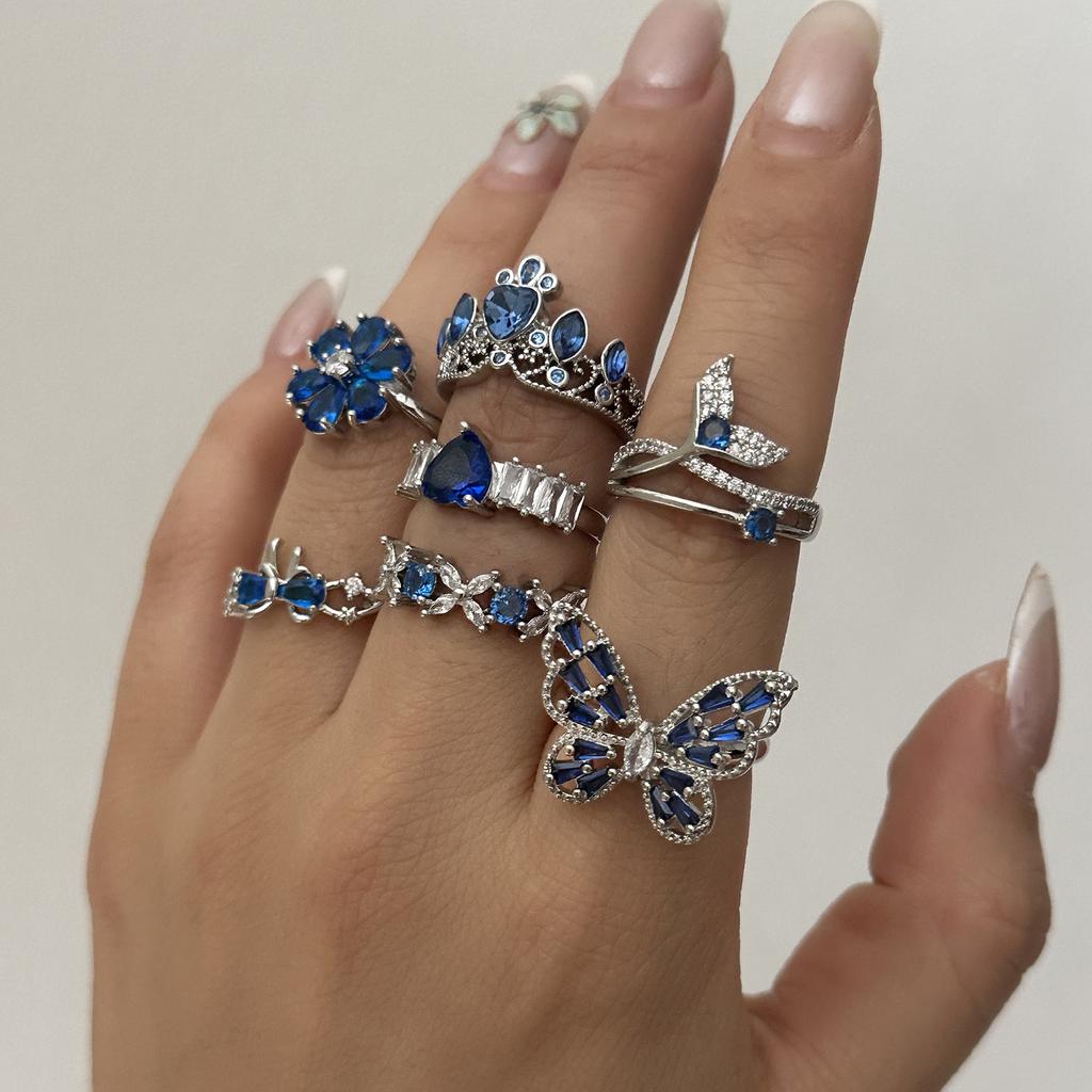 Luxury Blue Zirconia Hollow Butterfly Ring for Women Rhinestones Heart Flower Bow Crown Finger Ring Charms Engagement Jewelry