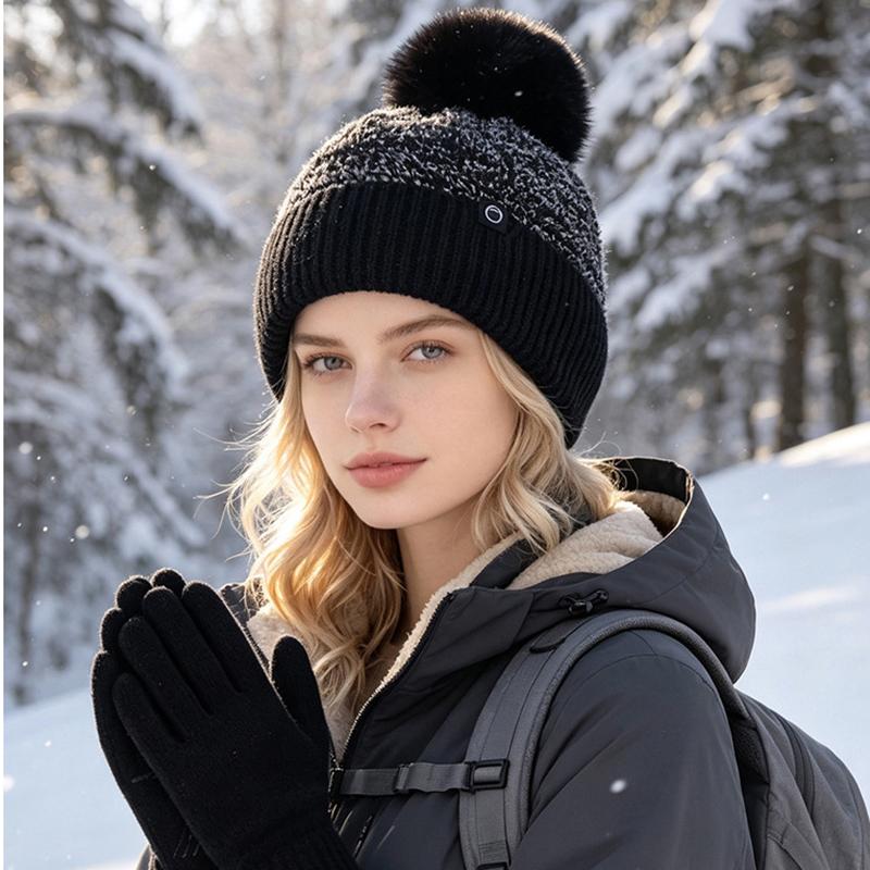 Winter Knit Pom Pom Beanie and Touch Screen Gloves Set for Women Warm Ear Flap Hat 2 Piece