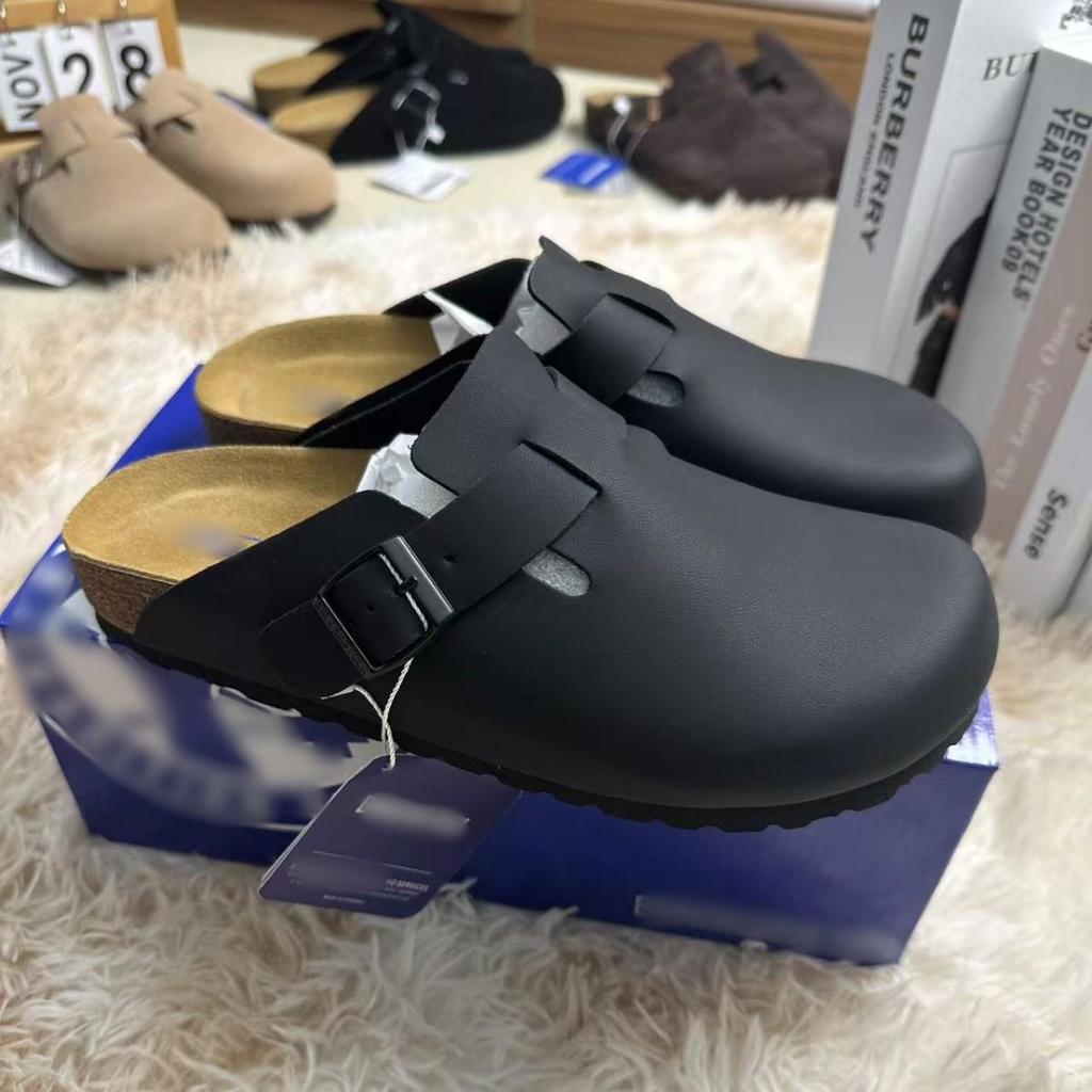 Birkenstock Genuine Leather Closed-Toe Half Slippers for Men and Women - Cork Insole, Spring/Autumn Style.