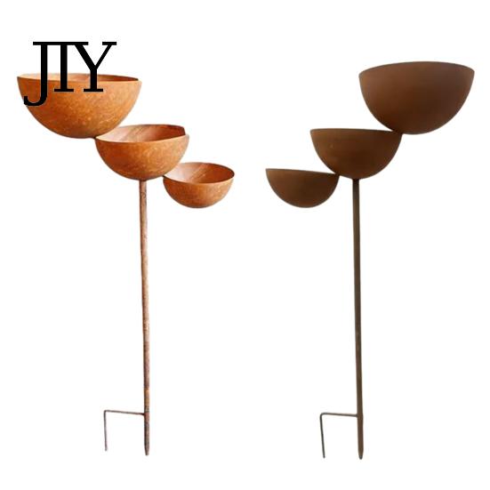 Anti-rust Garden Stake 3 Tiered Cascading Rain Catcher Bird Bath, Metal Water Three-level Waterfall Feeder Bowl Feeder, Outdoor Pollinator Watering