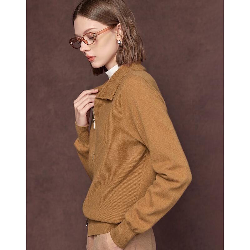 Women's 100% Wool Patchwork Lapel Double-Zip Knit Cardigan
