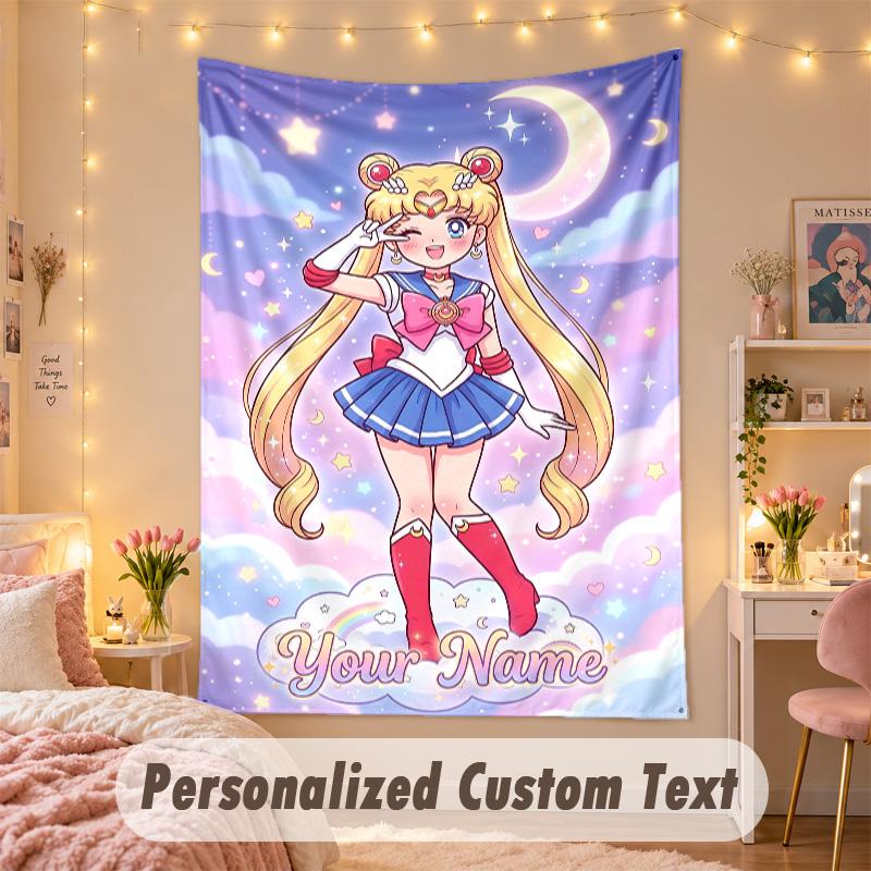 Custom Personalized Tapestry,Sailor Moon Print Custom Name Text Wall Art Hanging for Bedroom
