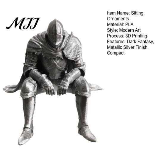 Collectible Gaming Room Accessory 3D Printed Resting Knight Figurine, Edge Sitting Dark Fantasy Retro Silver Home Decor Statue, Medieval Armored