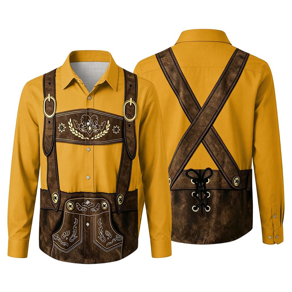 Camicia da uomo per l'Oktoberfest con stampa 3D, vestibilità larga, manica lunga, colletto, casual, stile vintage, traspirante, per lavoro, festival all'aperto, festa