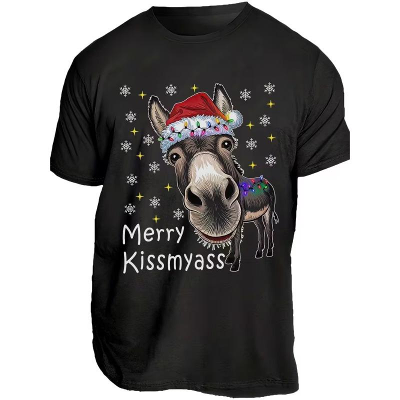 Men's T-Shirt Women Funny Christmas with Donkey Ears & Merry Kissmyass Humorous Novelty Party Wear & Pranks Cotton Tee Loose Top