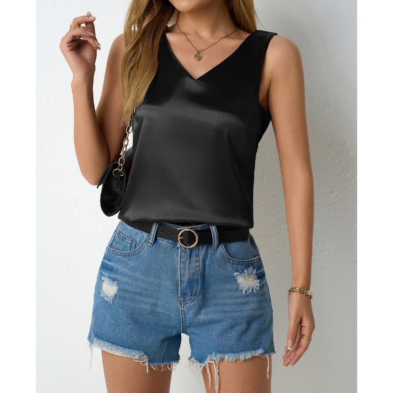 Women's Spring Summer Satin Vest V-neck Casual Halter Vest Sleeveless Shirt