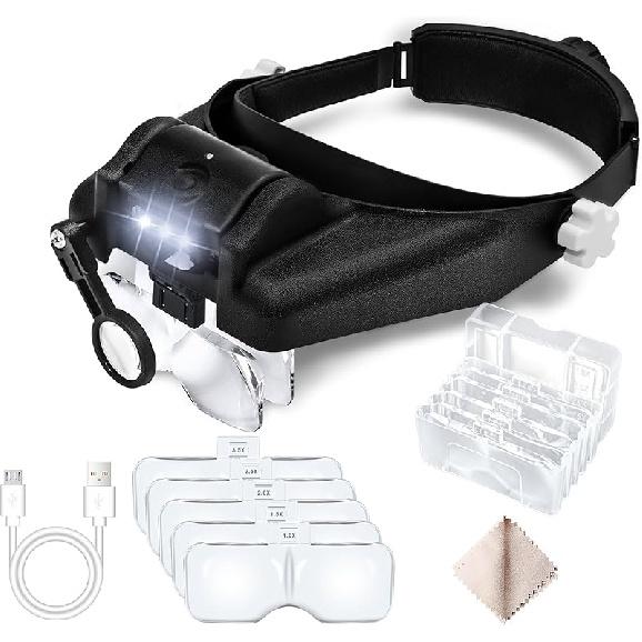 Headband Magnifier with Light, Rechargeable Magnifying Glasses 1X to 14X, Hands Free Head Mount Magnifying Glasses with 5 Detachable Lens for Close