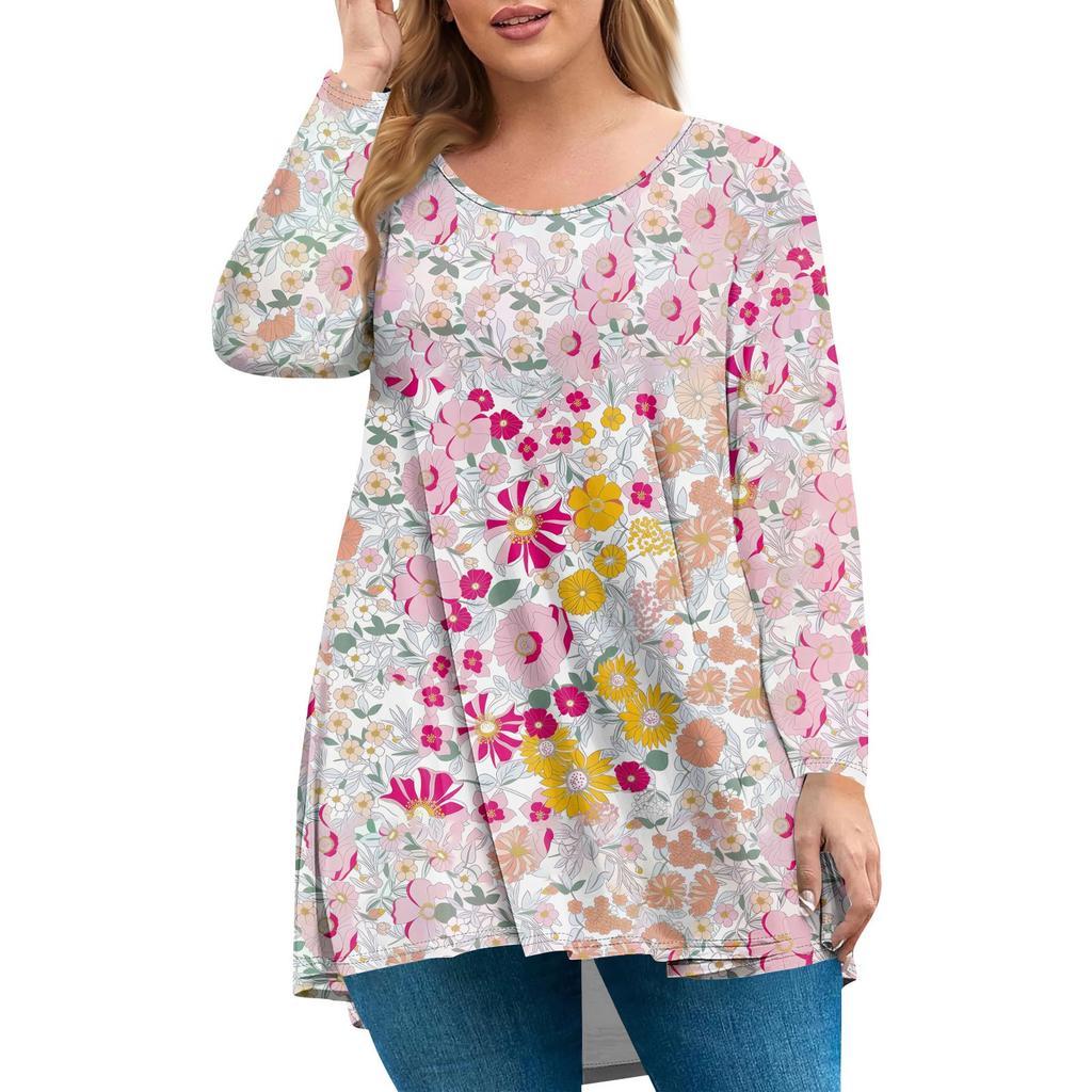 Women's Plus Size Top, Garden Collar Long Sleeved Shirt, Fashionable Floral Print Casual Top