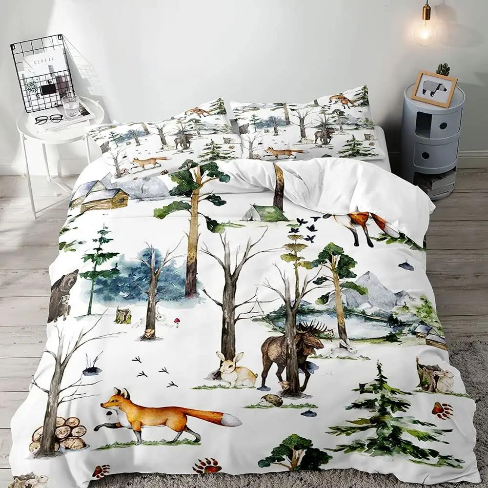 Farmhouse Bedding Sets Deer Elk Moose Mountain Woodland Animals Duvet Cover, stic Bedroom Decor, 2 Pillowcases Bedroom Decor