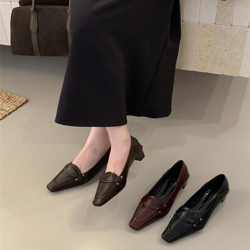 2025 autumn new square head bow single shoes women's light mouth thick heel retro high heels women's fashion work shoes