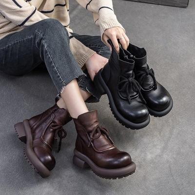 Chaussures polyvalentes pour femmes, bottes courtes rétro en cuir véritable à bout rond et semelle épaisse