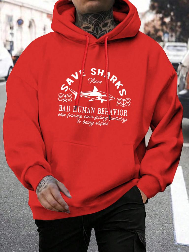 Preventing Human Bad Behavior Save Sharks Printing Men Hoodies Multicolor Loose Hoody Autumn Fleece Streetwear Pocket Unisex Top