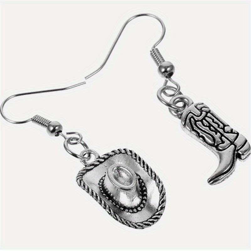 Fashion Vintage Silvery Cowboy Hat Earrings Cowgirl Boot Pendant Dangle Earrings for Women Couples Party Jewelry