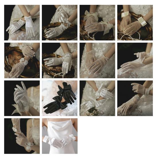Satin Bride Gloves Short Tulle Wedding Gloves Sheer Wrist Gloves with Bow Faux Pearls for Prom Evening Opera Tea Party
