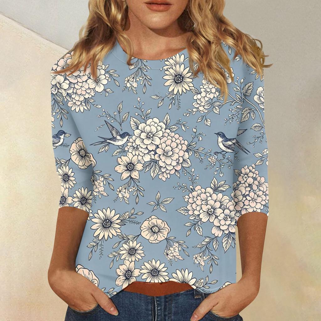 Damen Lässige Blumenprint Rundhals Dreiviertelarm Bluse Leichter Weicher Stoff Bequeme Passform Stilvolles Oberteil für den täglichen Gebrauch