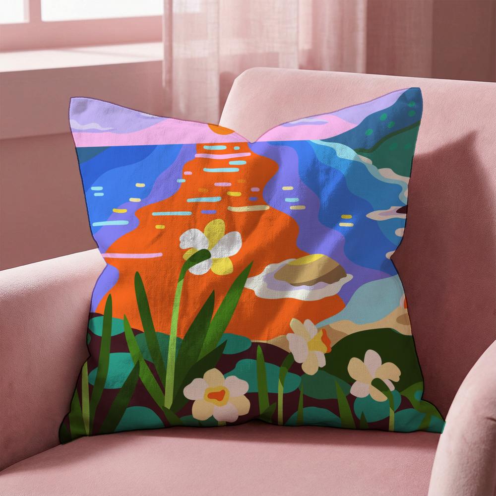 Colorful Geometric Landscape Cushion Cover Multi-Scene Pillow Cover for Home & Car - Reversible, Soft & Durable for Daily Use