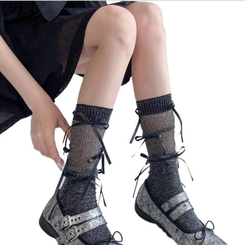 Japanischer Stil Schimmerndes Netz Spleißende Gerippte Über die Wade Socken für Damen Mädchen Niedliche Schleife Schleifenknoten Lange Strümpfe