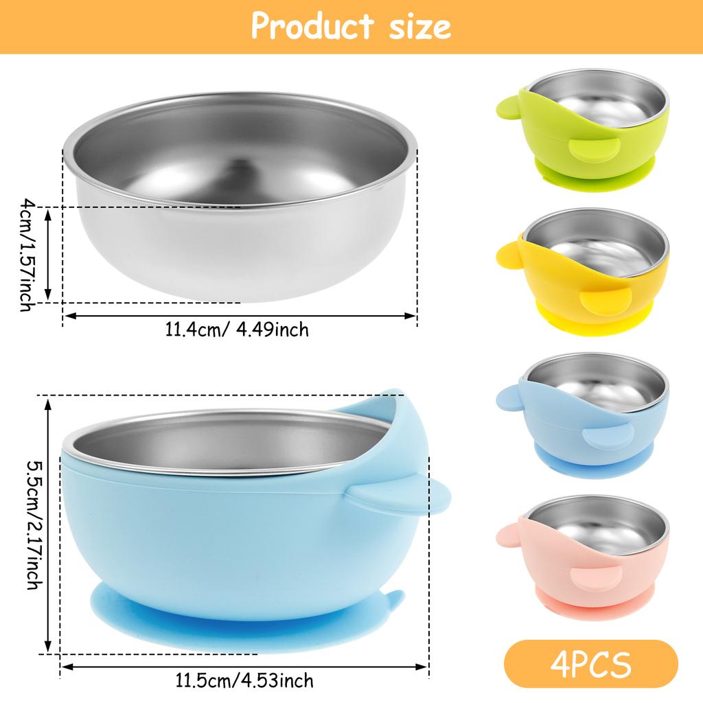 4 Pcs Baby Bowl Stainless Steel Toddler Bowls with Silicone Suction Cups Anti Scald Snack Container for Kids Baby Food Feeding
