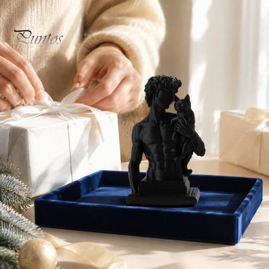 Muscular David Figurine 3D Printed Statue with Cat, European Classic Art Sculpture Stylish Living Room Decor for Home Office Decor, Modern Desktop