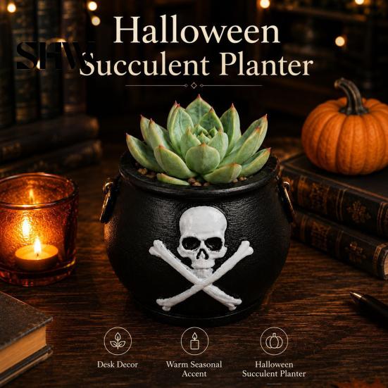 Skull Planter Pot Witches Cauldron Planter, Halloween Flower Pot, Gothic Resin Haunted House Prop Black Candy Bowl for Herbs, Indoor, Outdoor
