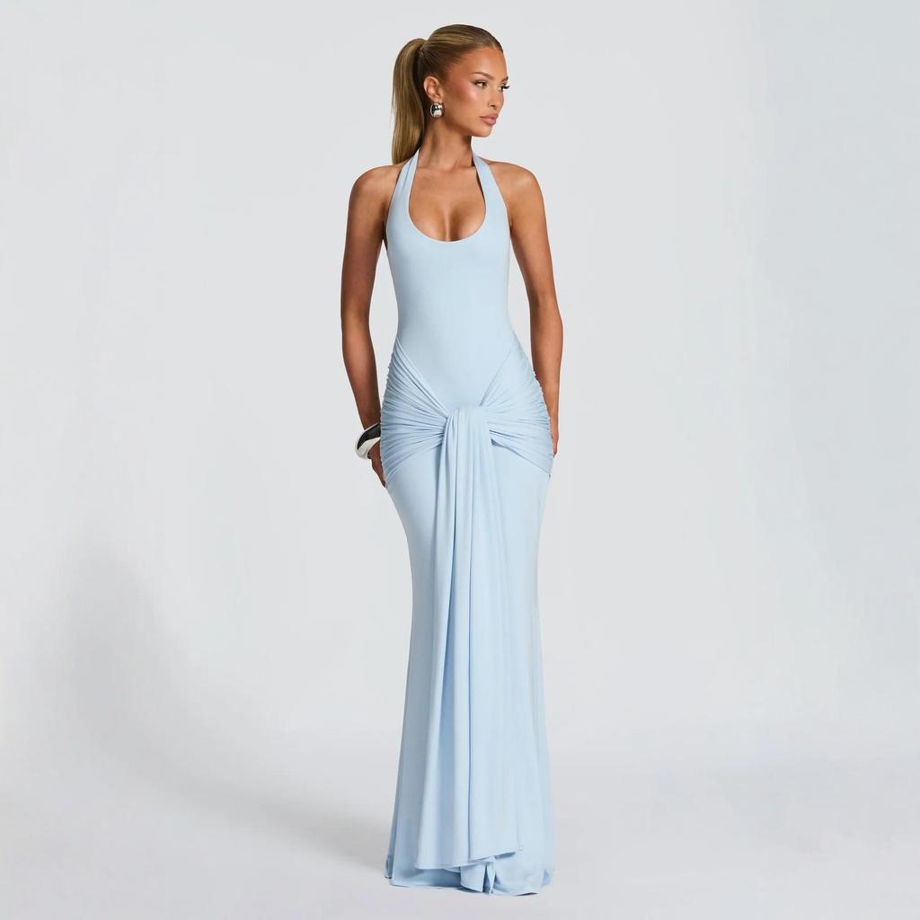 2026 European & American Women's Sleeveless U-Neck Slim-Fit Evening Gown with Waist-Cinched Ribbon