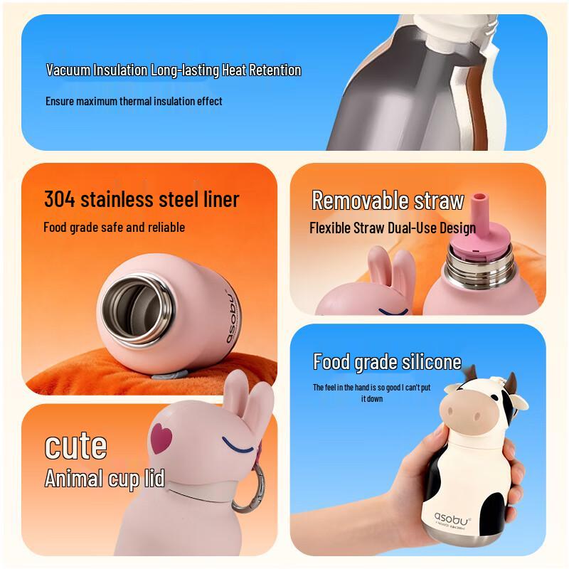 ASOBU Cute Animal Insulated Mug with Straw