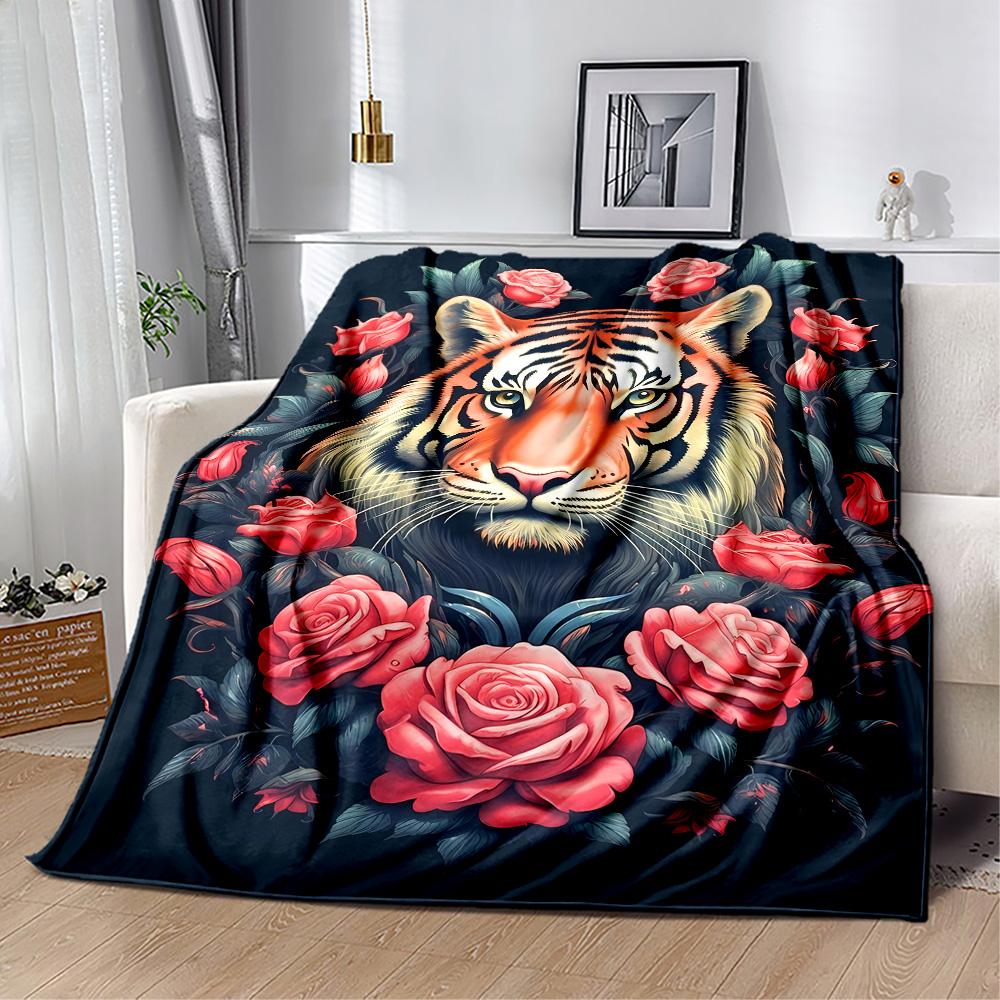 Tiger And Roses Blanket Suitable for Offices, Travel, Living Rooms Also a Good Gift for Friends and Family Suitable for All Seasons.