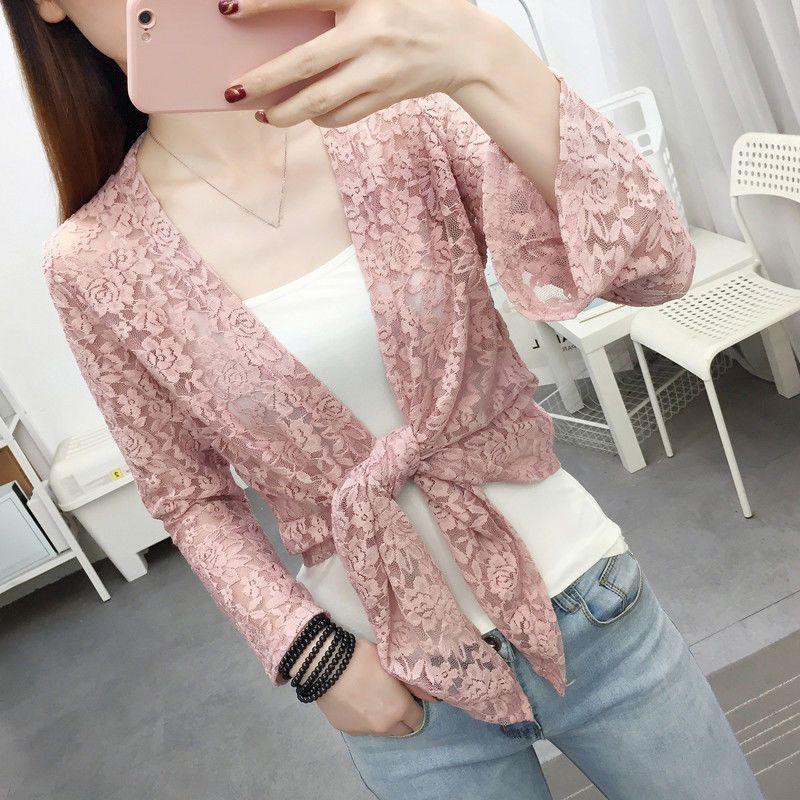 

Кружевной кардиган куртка солнцезащитная куртка шаль женская летняя тонкая верхняя одежда L розовый