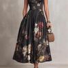 Black Floral Print Sleeveless Cheongsam Dress with High Collar and Side Slit
