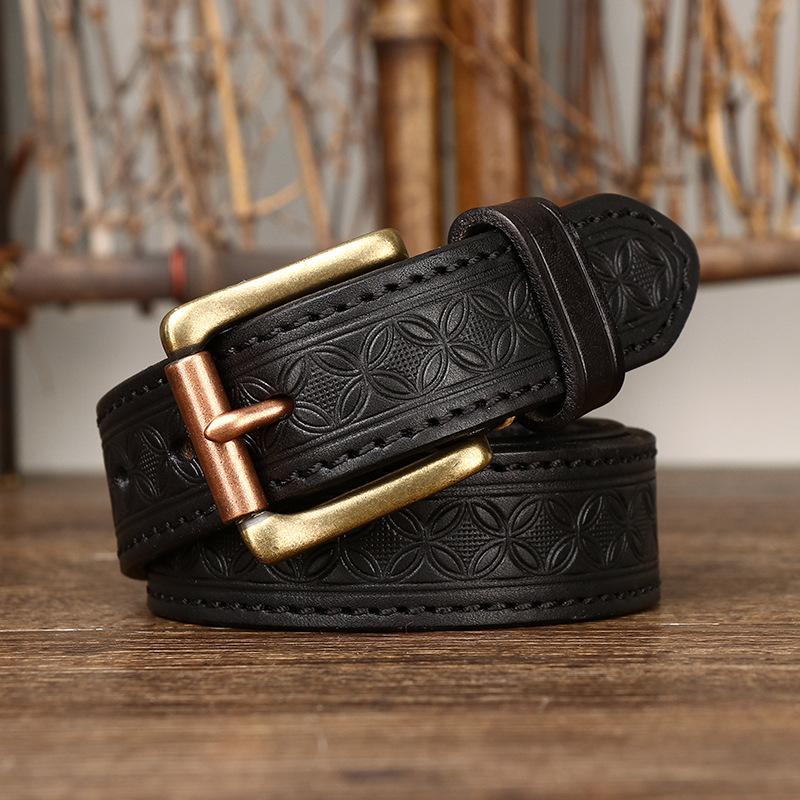 Retro Fashion Trend Embossed Two Sides Available Thickened Belt Men'S Leather Pin Buckle First Layer Cowhide Belt Women