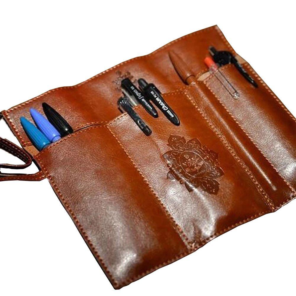 Girls Retro Stationery PU Leather Roll Pencil Bags Cosmetic Bag Roll Pen Bag Vintage Pencil Case