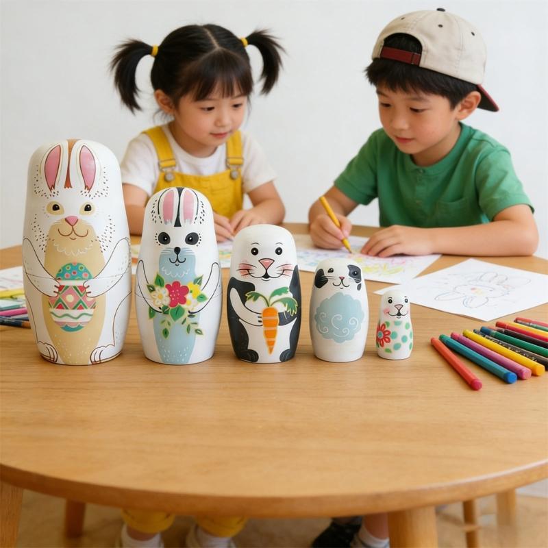 Wooden Rabbit Nesting Dolls Handcraft Russian Matryoshka Doll Stacking Toy for Easy Storage and Holiday Gift Giving