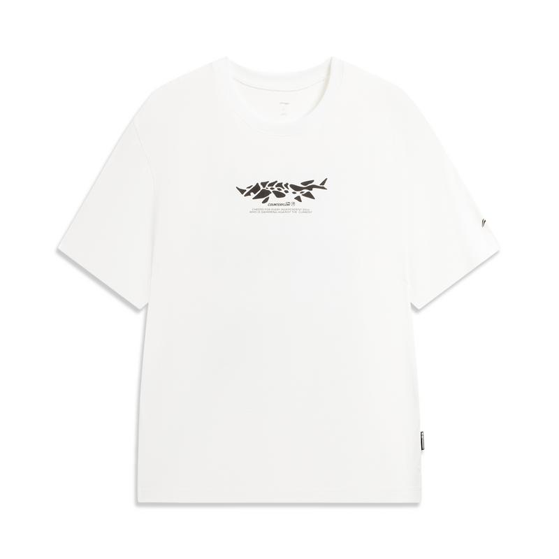 Li-Ning Outdoor CF Print Design Quick-Dry Comfortable Breathable Loose Round Neck T-Shirt Unisex Tops White ATSW051-1 S