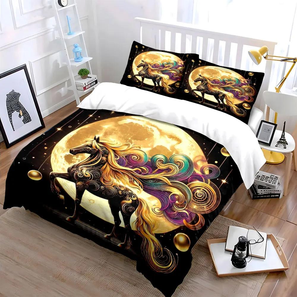 "Golden Moon Horse Decor Set" Soft Comfortable Duvet Cover Bedding Set Included 1*Duvet Cover & 2*Pillowcases gift