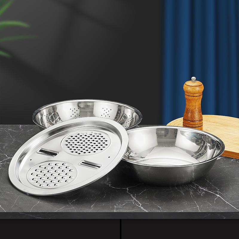 Stainless Steel Multi-functional Rice and Vegetable Washing & Grating Basin Set with Colander (3 Pieces)