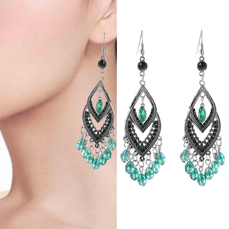 Red Retro Tassel Water Drop Earrings with Diamonds – Chinese Style for Women