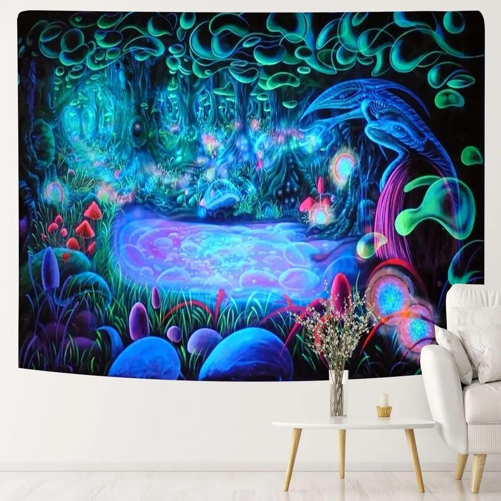 Psychedelic mushroom fluorescent tapestry luminous hanging cloth decoration  interior  under ultraviolet light