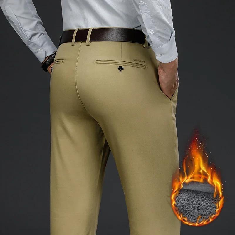 Classic Style Winter Warm Men's Business Straight Casual Pants Stretch Fabric Office Pants Fleece Thicken Trousers