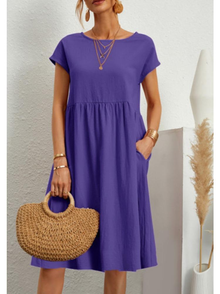 Fashionable Summer Temperament Women's Cotton and Linen Round Neck A-line Skirt, Plus Size Loose Dress