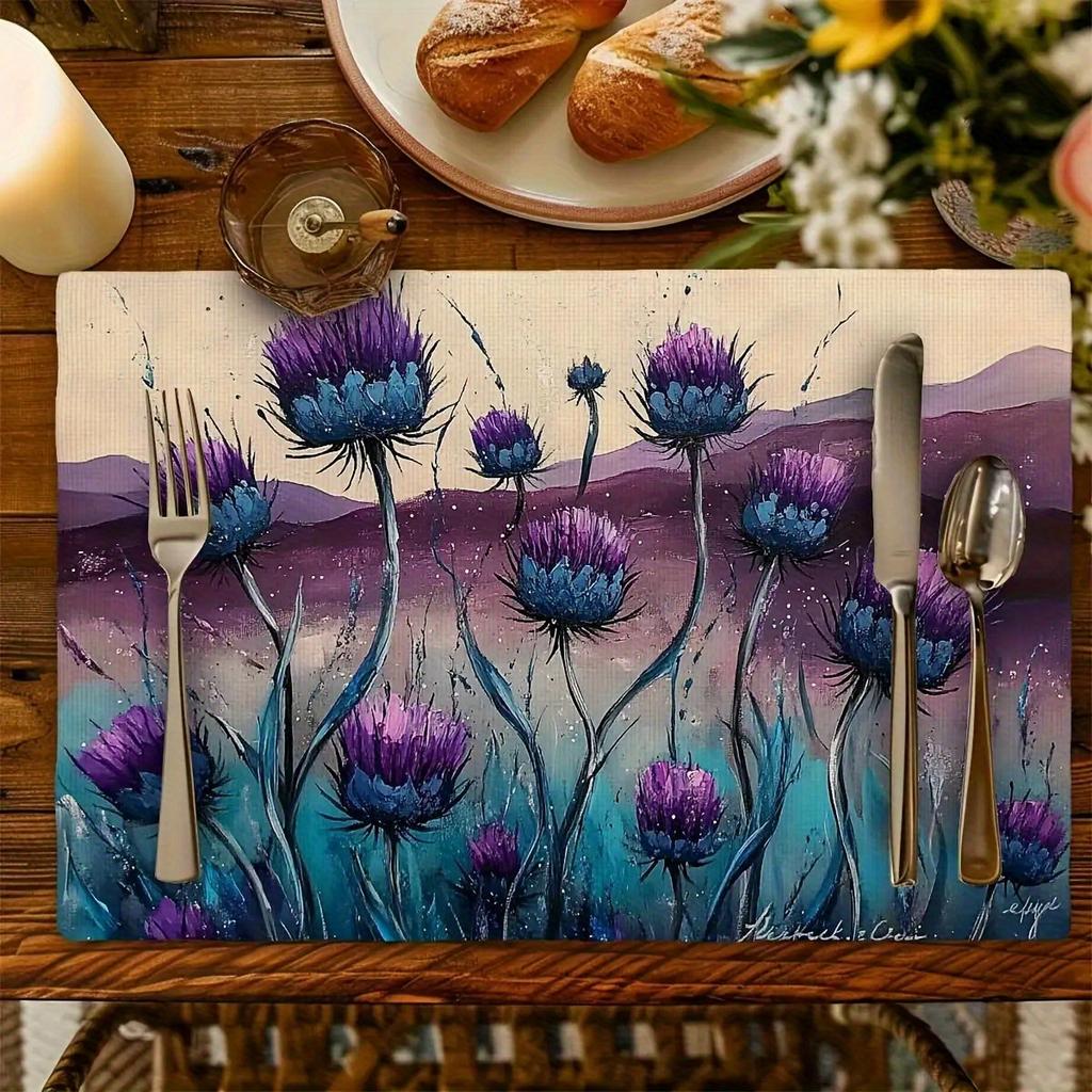 4-piece Set of Purple Thistle Placemats-elegant Scottish Thistle Pattern Suitable for Restaurant, Kitchen and Home Dining Scenes