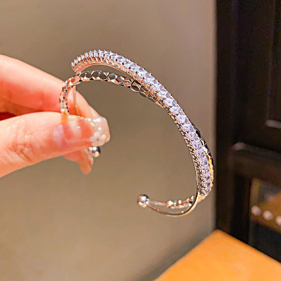 Geometric Zircon Metal Open Cuff Bracelet With Sparkling Stones For Women Fashion Jewelry