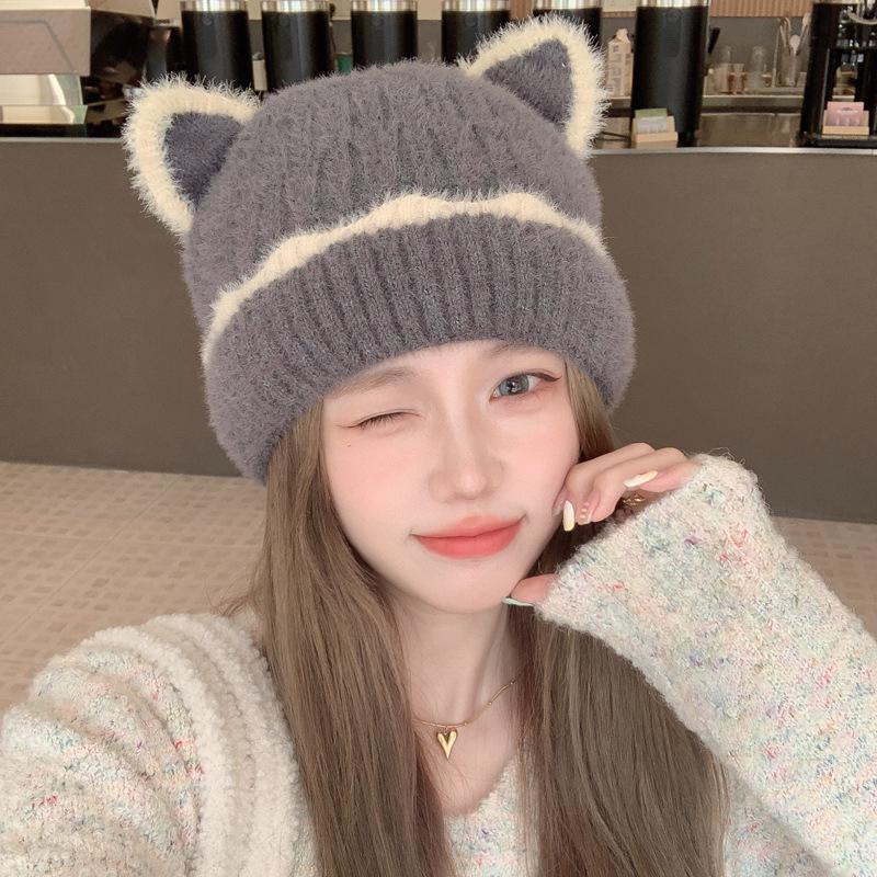 Korean Style Animal Ear Beanie Winter Hat for Women, Cute Knit Cap with Ears, Stretchy Warm Fuzzy Hat for Large Head