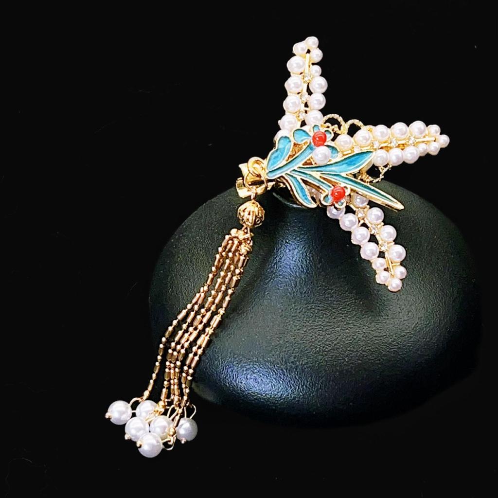 Elegant Blue Cloud Pearl Hairpin with Tassel