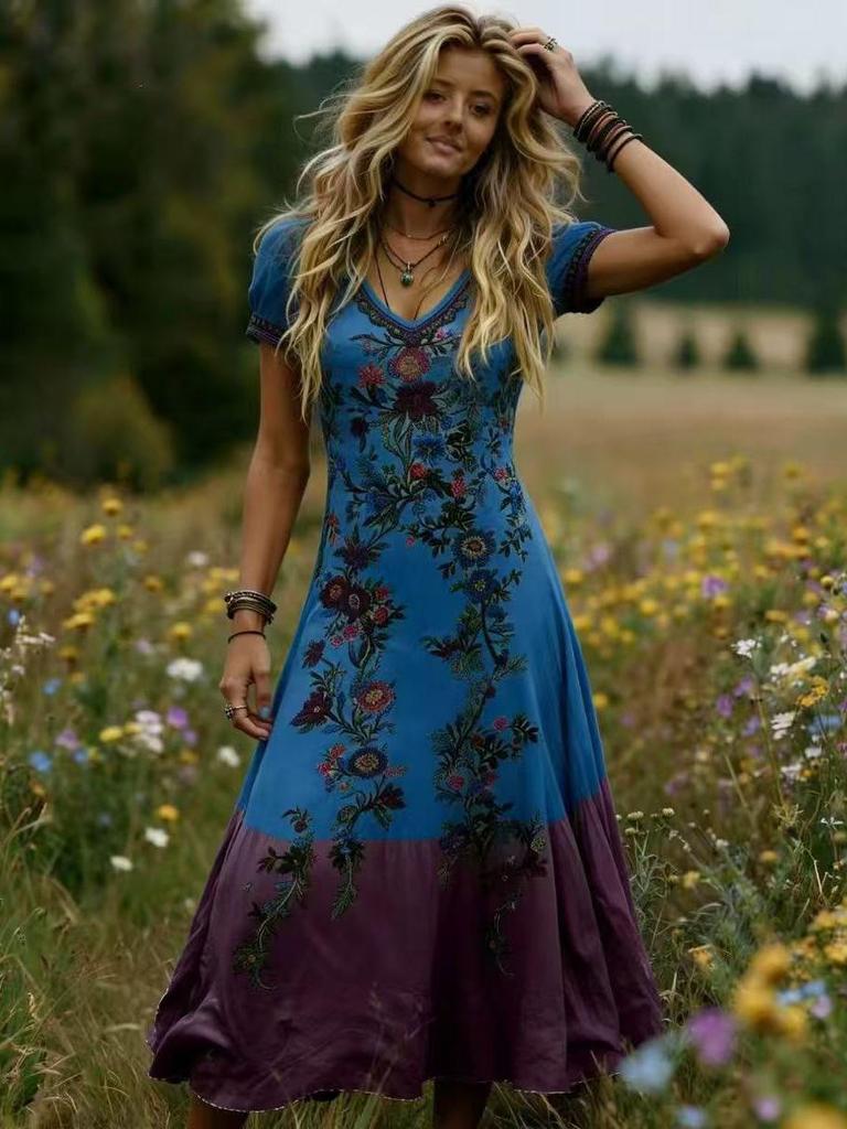 Bohemian V-Neck Floral Gradient Long Dress for Women - 2026 Edition