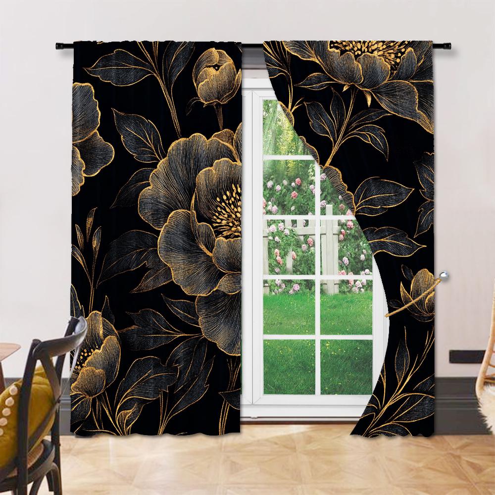 Set Of 2 Versatile Polyester Transparent Curtains Home Decoration Black Golden Floral Use Bedrooms Living Rooms Curtain Ideal For Room