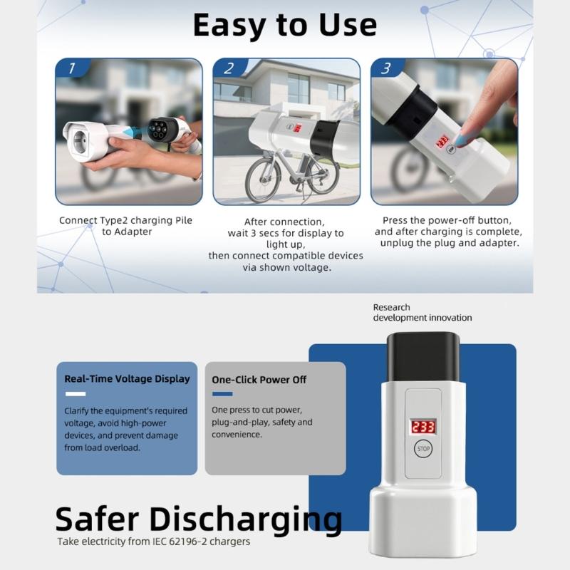 Adattatore di ricarica per veicoli elettrici da Tipo 2 a UK con display di tensione e pulsante di spegnimento per scooter elettrici e protezione migliorata